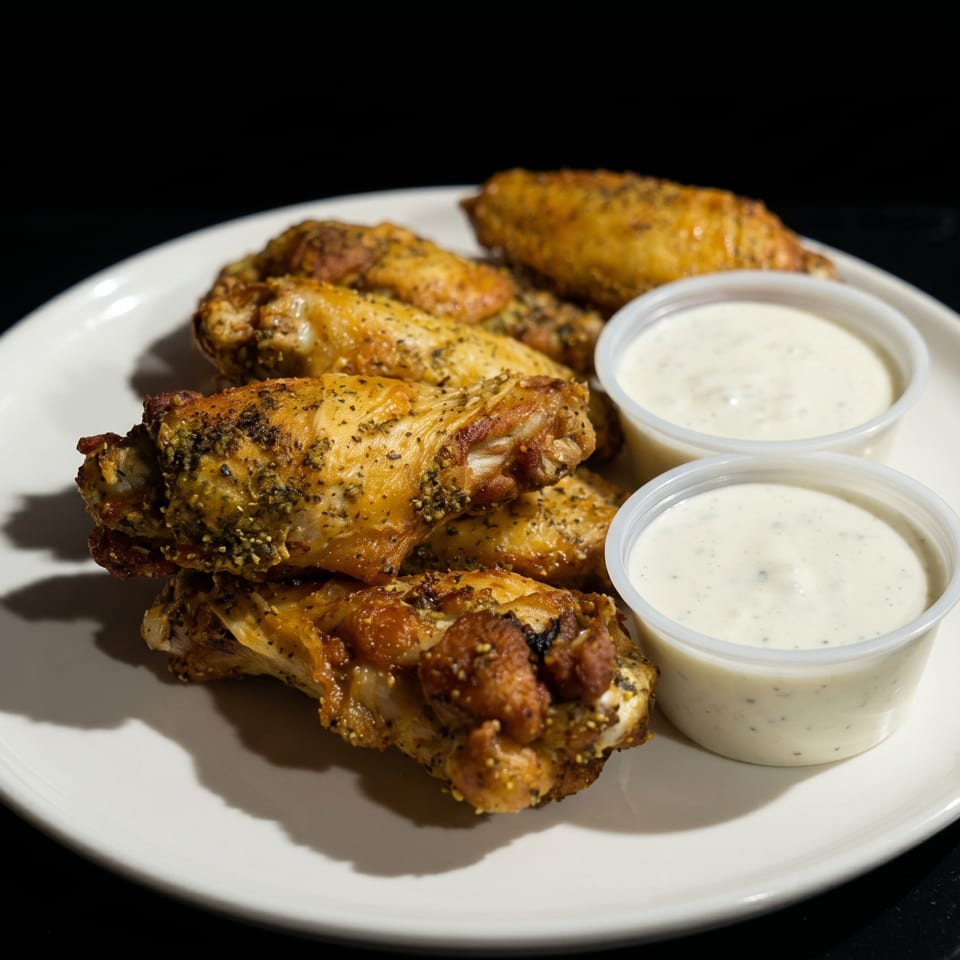 A white plate holds several seasoned chicken wings and two small cups of ranch dressing.