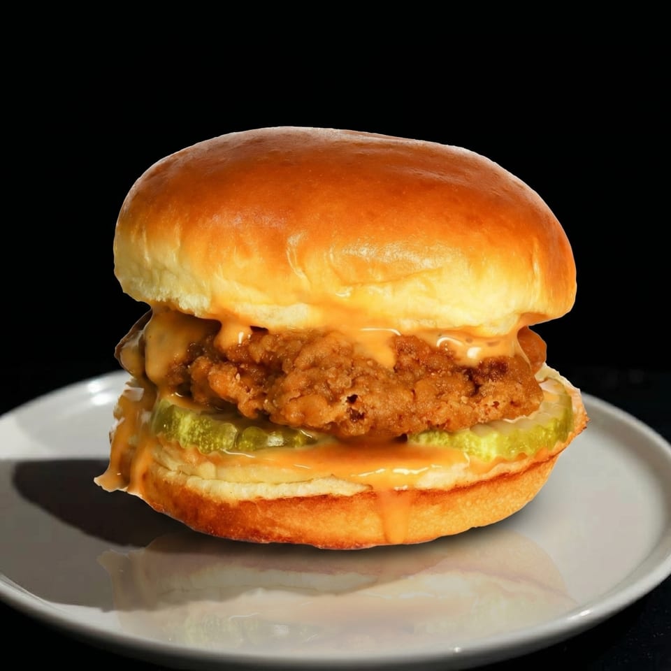 Crispy fried chicken sandwich with pickles and orange sauce on a brioche bun, on a white plate.