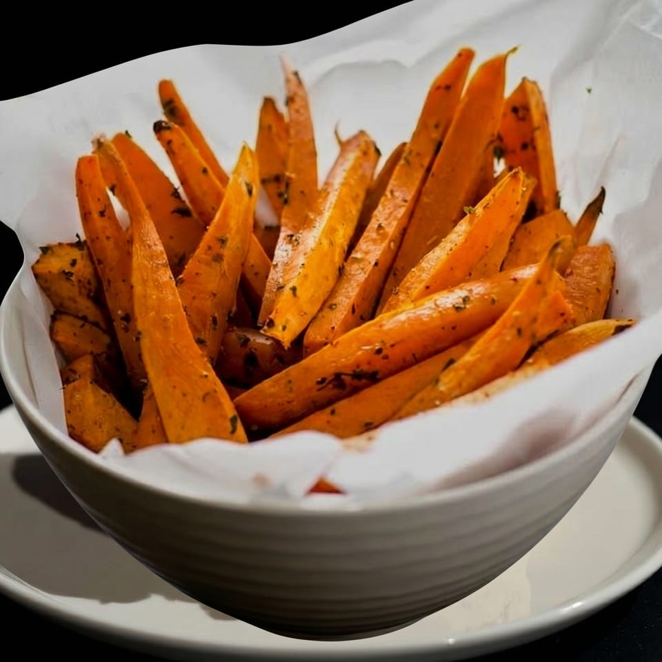 A white bowl filled with golden-orange sweet potato fries, lined with white parchment paper.