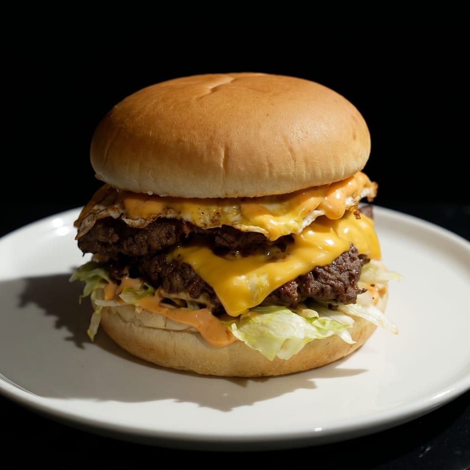 A double cheeseburger with fried eggs, lettuce, and sauce on a white plate against a dark background.