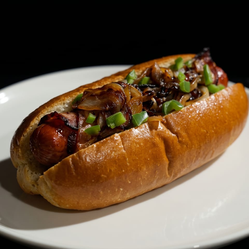 Grilled hot dog in a bun topped with caramelized onions and chopped green onions on a white plate.
