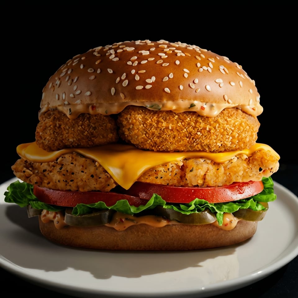 A crispy chicken burger with cheese, lettuce, tomato, and jalapeños on a white plate.