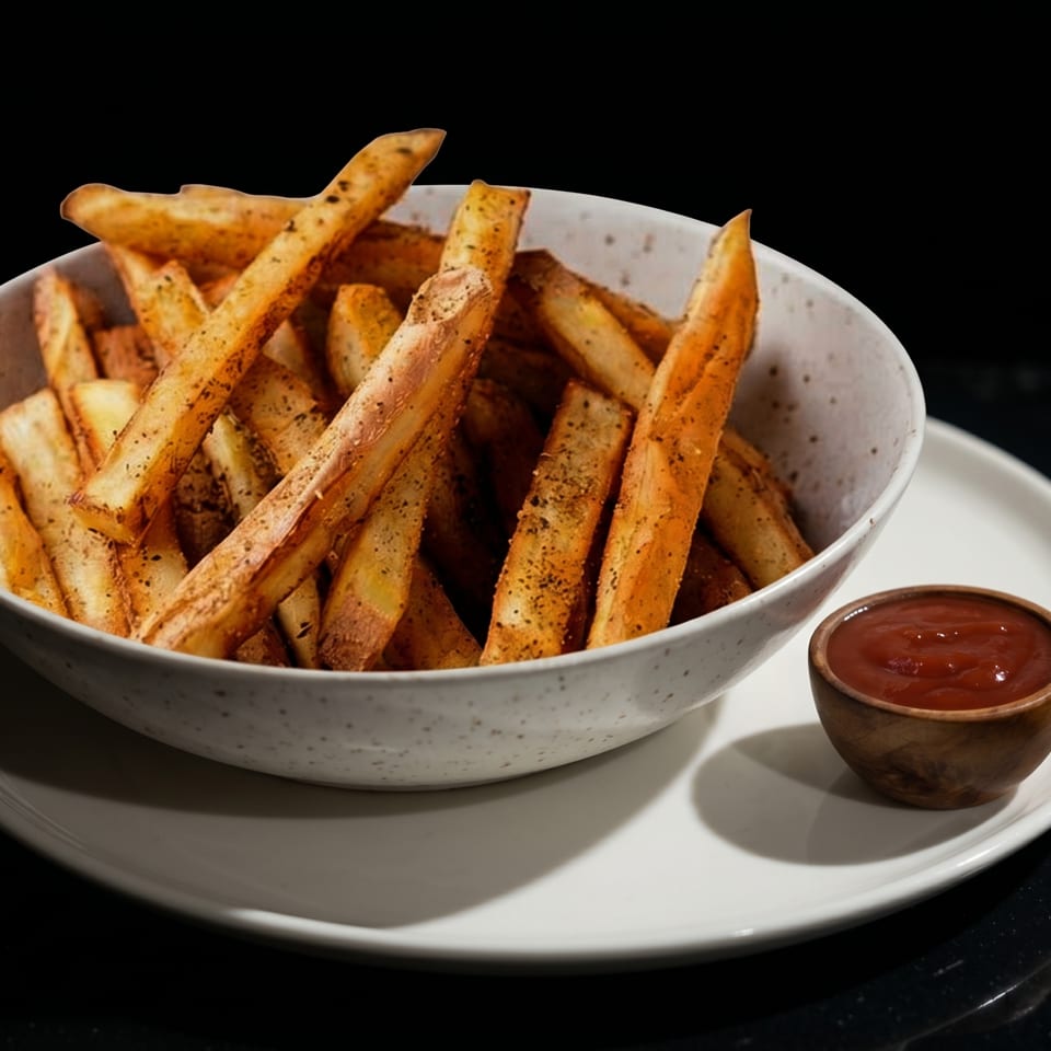 A bowl of seasoned french fries and a small wooden cup of ketchup on a white plate.
