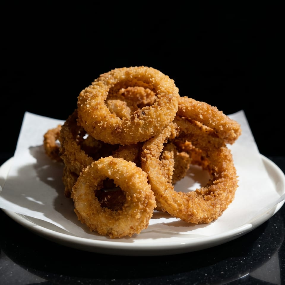 A white plate piled high with golden-brown, crispy onion rings on a dark surface.