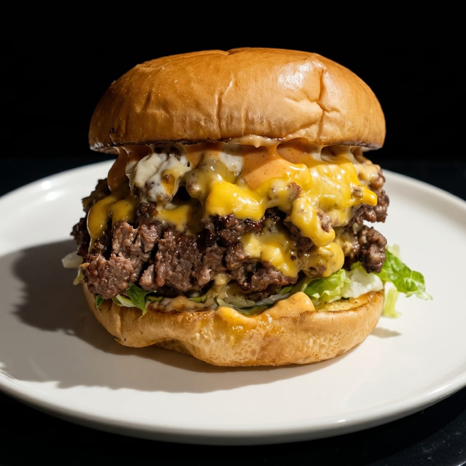 A double cheeseburger with melted cheese, lettuce, and sauce on a white plate against a dark background.