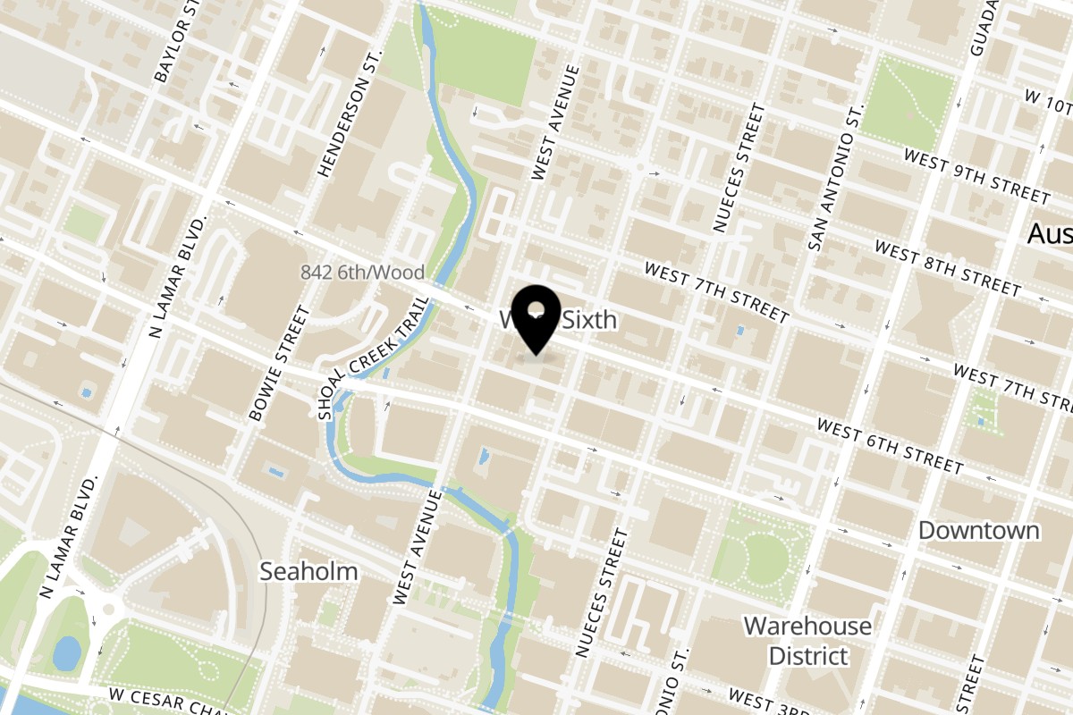 Map showing the location of De Smash Burger (halal) on 709 W 6th St in Austin